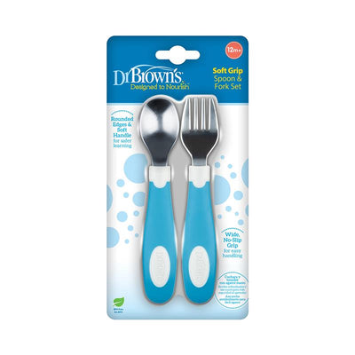 Dr. Brown's 2Pk Soft-Grip Spoon and Fork Utensil Set, Safe Silverware for Toddlers, Blue, 12M+ Image 1
