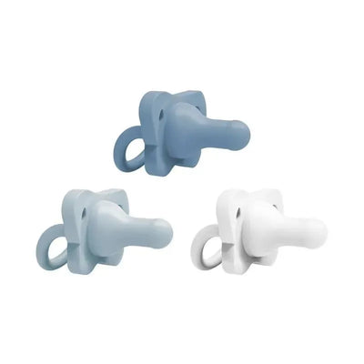 Three one-piece silicone pacifiers in blue and white, designed for infants; features a round handle for easy gripping.