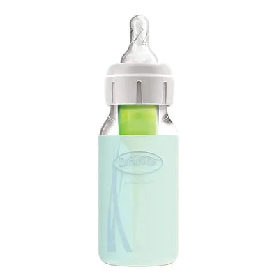 Narrow glass baby bottle with a mint green silicone sleeve and a clear nipple, designed for infants.