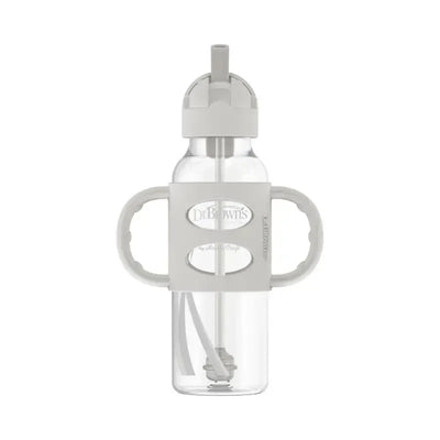 Gray 8 oz narrow sippy spout bottle with silicone handles, designed for easy gripping by toddlers.