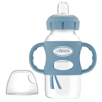 9 oz wide-neck sippy spout bottle by Dr. Brown in light blue with silicone handles and removable cap.