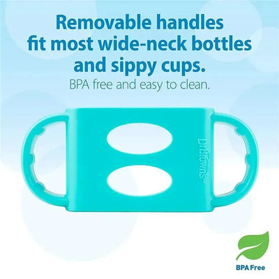 Light blue removable handles for wide-neck bottles and sippy cups, labeled BPA free and easy to clean.