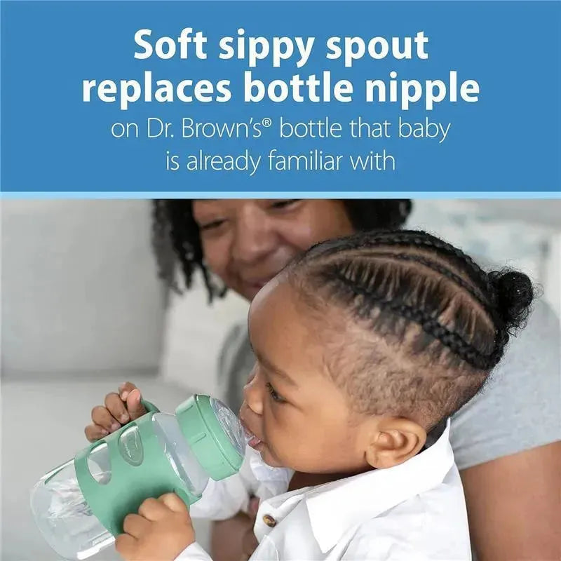 9 oz wide-neck sippy spout bottle with silicone handles, held by a child drinking, with a woman smiling in the background.