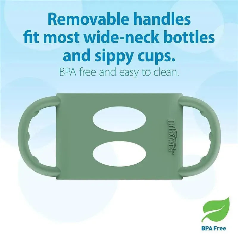 Removable green silicone handles designed for wide-neck bottles and sippy cups, marked BPA free.