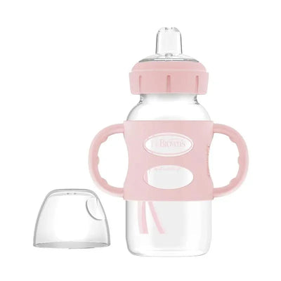 9 oz light pink wide-neck sippy spout bottle with silicone handles, includes a removable lid.