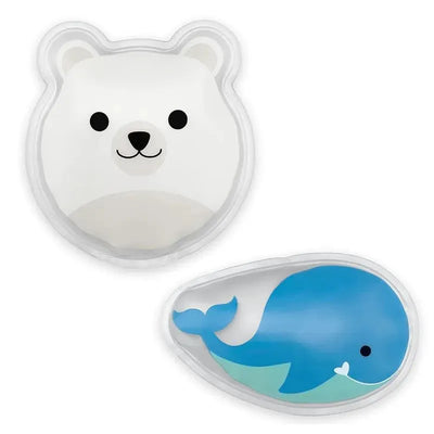 Two cold compress packs featuring a polar bear and a whale design, ideal for soothing minor injuries.
