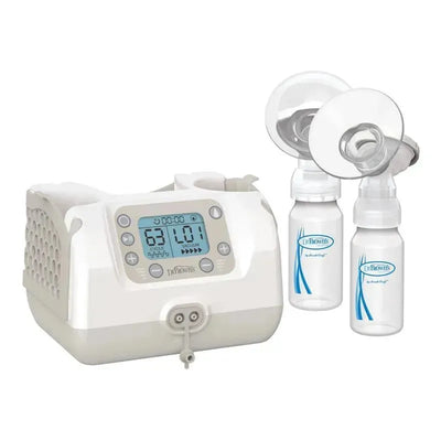 Double electric breast pump featuring a digital display, two milk bottles, and breast shields, designed for efficient pumping.