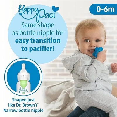 One-piece pink silicone pacifier held by a baby in a gray outfit, promoting easy transition from bottle nipple.