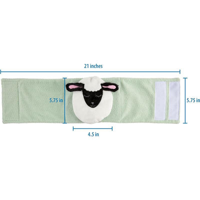 Infant Gripebelt with a lamb design, green fabric, measuring 21 inches by 4.5 inches, featuring a plush sheep head.