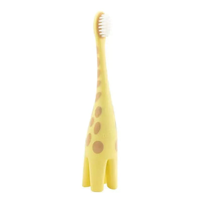 Infant toothbrush shaped like a giraffe, featuring a soft bristle head and yellow body with brown spots.