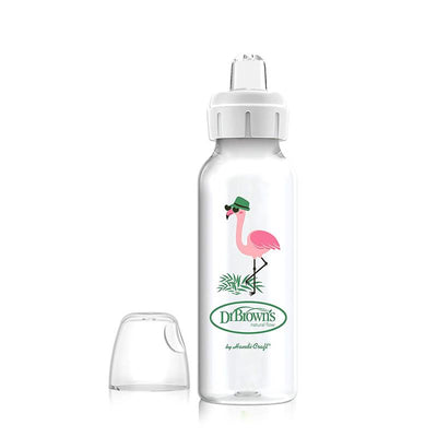 Dr. Brown's Milestones Narrow Sippy Bottle, 100% Silicone Soft Sippy Spout, 8oz/250mL, 6M+, Flamingo Image 1