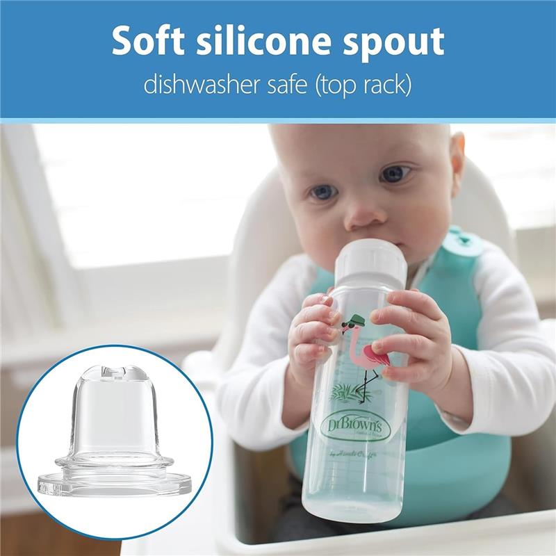 Dr. Brown's Milestones Narrow Sippy Bottle, 100% Silicone Soft Sippy Spout, 8oz/250mL, 6M+, Flamingo Image 4