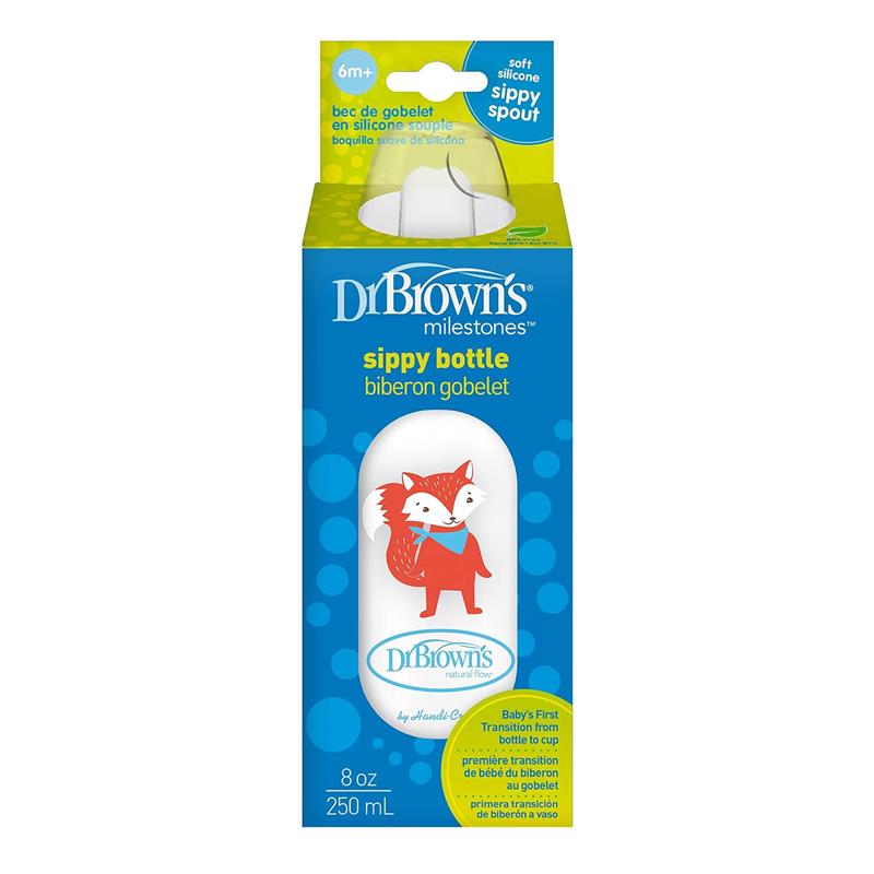 Dr. Brown's Milestones Narrow Sippy Bottle, 100% Silicone Soft Sippy Spout, 8oz/250mL, 6M+, Fox Image 6