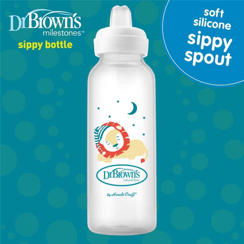Dr. Brown's Milestones Narrow Sippy Bottle, 100% Silicone Soft Sippy Spout, 8oz/250mL, 6M+, Lion Image 4