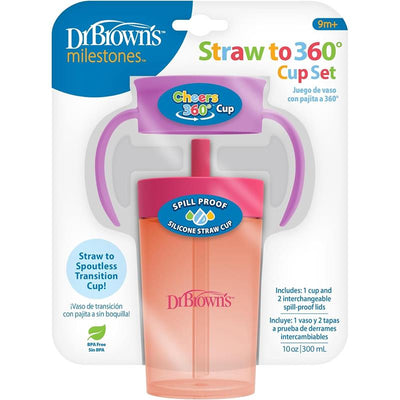 Dr. Brown's Milestones Straw to 360 Convertible Toddler Training Cup Set, 10 oz/300 mL, Pink Coral Image 1