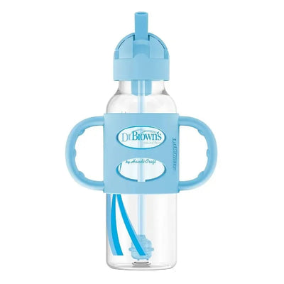 Narrow blue sippy straw bottle with silicone handles and a transparent body, designed for young children.