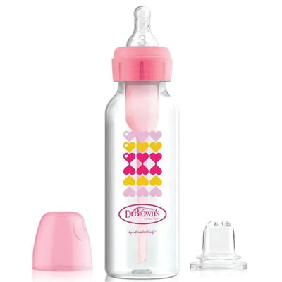 Dr. Brown’s Natural Flow Anti-Colic Options+ Narrow Sippy Bottle Starter Kit, 8oz, featuring pink hearts and a removable spout.