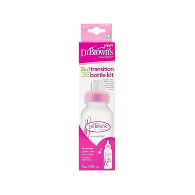 Dr. Brown’s Natural Flow Anti-Colic Options+ Narrow Sippy Bottle Starter Kit, 8oz, with pink lid and transition spout.