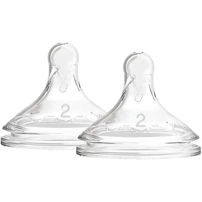Wide-neck silicone bottle nipples in a 2-pack, marked with number 2, designed for use with baby bottles.