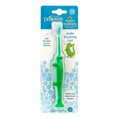 Green crocodile-shaped toddler toothbrush with soft bristles and suction cup, suitable for ages 1-4.