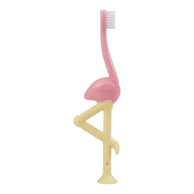 Toddler toothbrush designed as a flamingo, featuring a pink head and yellow legs, suitable for young children.