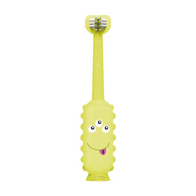 Green monster toddler toothbrush featuring three eyes and a smiling face, designed for fun oral hygiene.