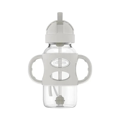 Wide-neck sippy straw bottle with silicone handles in gray, featuring a clear body and a secure lid with a straw.