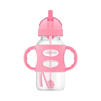 Wide-neck pink sippy straw bottle with silicone handles, designed for toddlers, featuring a clear body and straw.