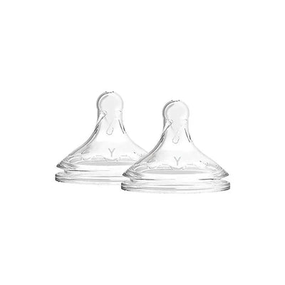 Wide-neck natural silicone nipples in a Y-cut design, sold in a 2-pack, ideal for feeding infants.