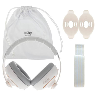 White Nuby 2-In-1 baby earmuffs set with a hard headband, elastic headband, earmuffs, and drawstring bag.