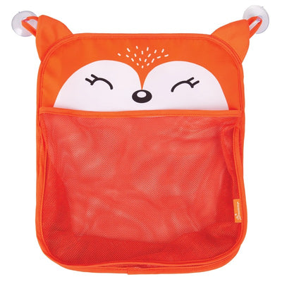 Bright orange bath toy bag shaped like a fox, featuring a smiling face and a mesh pocket for storage.