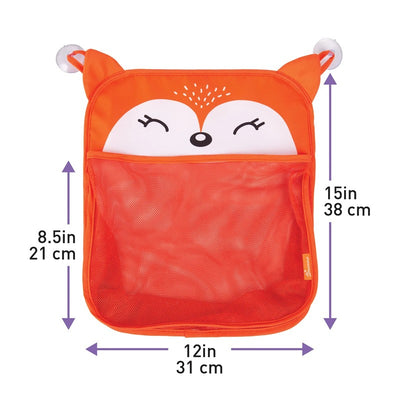 Fox-shaped bath toy bag, orange with mesh pocket; measures 12x15 inches, ideal for storing bath toys.