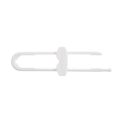 White Dreambaby Cabinet Sliding Lock designed to secure cabinet doors, featuring serrated edges for grip.