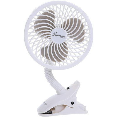 Dreambaby Cage Stroller Fan in white, featuring a flexible arm and clip for easy attachment and adjustable airflow.