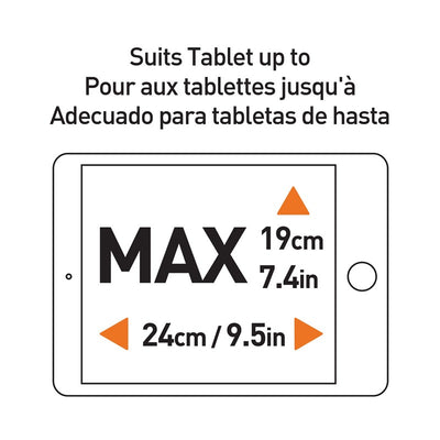 Tablet holder dimensions for the Dreambaby Backseat Mirror, accommodating tablets up to 19cm wide and 24cm long.