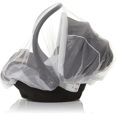 Insect netting covering a Dreambaby carrier, designed to protect infants from bugs while in the seat.