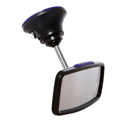 Adjustable baby view mirror with suction mount and flexible arm for monitoring infants in car seats.
