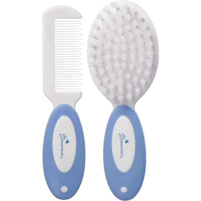Deluxe Super Soft Bristles brush and comb set by Dreambaby, featuring a gentle brush and a fine-tooth comb with blue handles.
