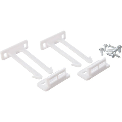 Dreambaby Twin Pin Latches in white, two latches with matching screws for securing cabinets or doors.