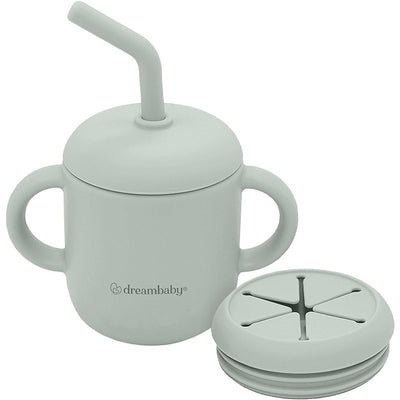 Dreambaby Drink & Snack Cup in seafoam with a straw and two handles, plus a detachable snack lid.