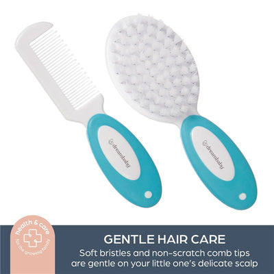 Dreambaby Essential Grooming Kit in Aqua, featuring a soft-bristled brush and a comb with non-scratch tips for gentle hair care.