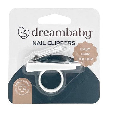 Dreambaby Nail Clippers with Easy Grip Holder, featuring a white clipper and a circular grip on a packaging display.