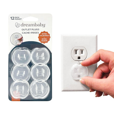 Dreambaby Outlet Plugs 12-pack, shown in packaging, with a hand inserting a plug into an electrical outlet for child safety.