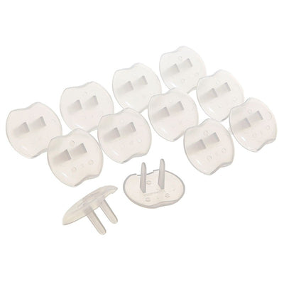 Clear plastic outlet plugs for child safety, arranged in a 12-pack layout.