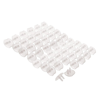 Clear plastic outlet plugs in a 48-pack, designed for child safety to prevent electrical accidents.