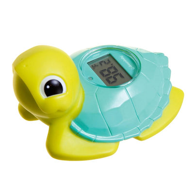 Dreambaby Room & Bath Thermometer shaped like a turtle, featuring a digital display showing the temperature.