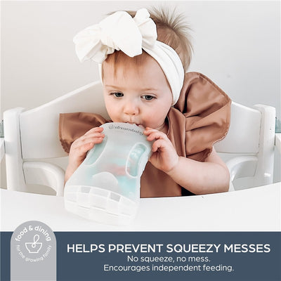 Toddler using a Dreambaby Pouch Pal, designed to prevent mess during feeding, with visible text highlighting its features.