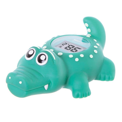 Crocodile-shaped thermometer with a digital display, designed for monitoring room and bath temperatures.