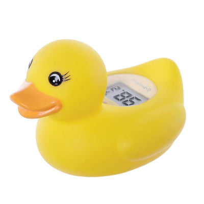 Yellow duck-shaped thermometer with a digital display for measuring room and bath temperatures.
