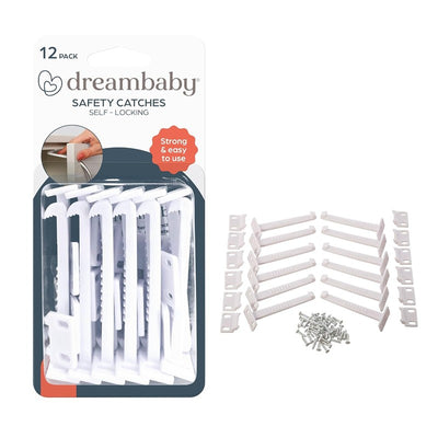 Dreambaby Safety Catches - 12 pack including safety catches and screws, designed for childproofing cabinets and drawers.